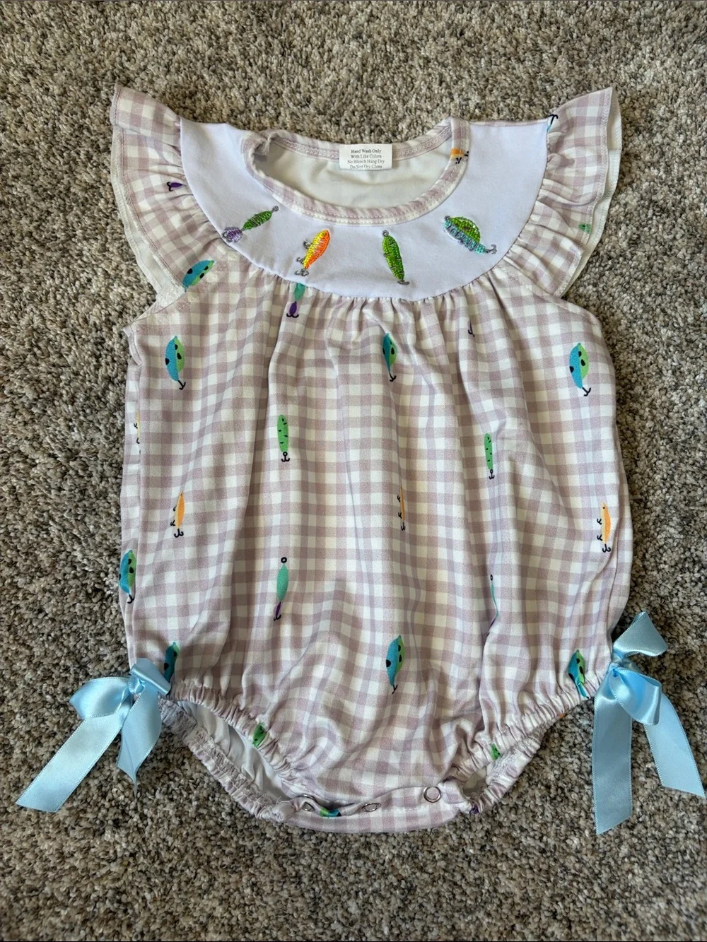 Girls Pink Gingham One-Piece Romper with Fishing Lure Embroidery